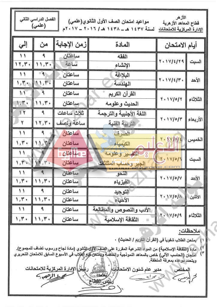 ننشر جداول امتحانات الفصل الدراسي الثاني لصفوف النقل بالمعاهد الإعدادية والثانوية الأزهرية 2016 / 2017 الصف الأول الثانوي علمي 724x1024 ننشر جداول امتحانات الفصل الدراسي الثاني لصفوف النقل بالمعاهد الإعدادية والثانوية الأزهرية 2016 / 2017