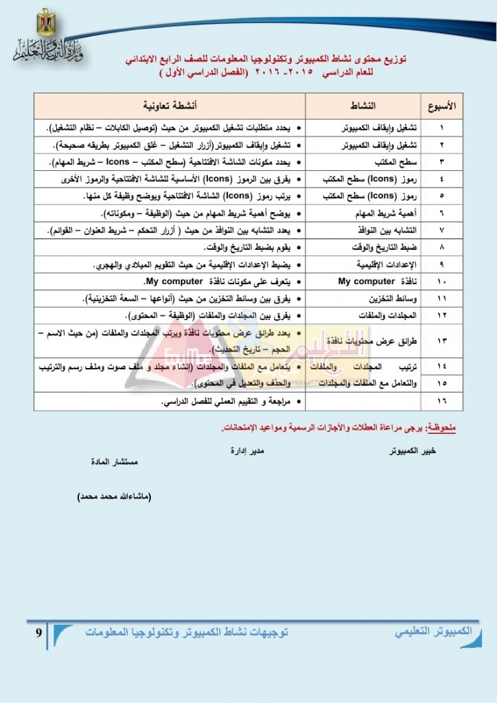 توزيع منهج مادة الكمبيوتر وتكنولوجيا المعلومات للمرحلة الأبتدائية للعام الدراسي 2015 - 2016 م_page_09