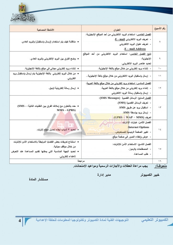 توزيع منهج  مادة الكمبيوتر  وتكنولوجيا المعلومات  للمرحلة  الأعداديه للعام الدراسي 2015 - 2016  م_page_05