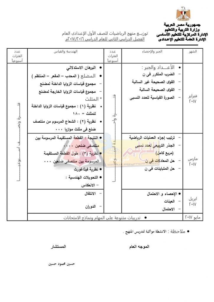 ع page 2 724x1024 ننشر توزيع مناهج الرياضيات للمرحلة الإعدادية 2016 / 2017