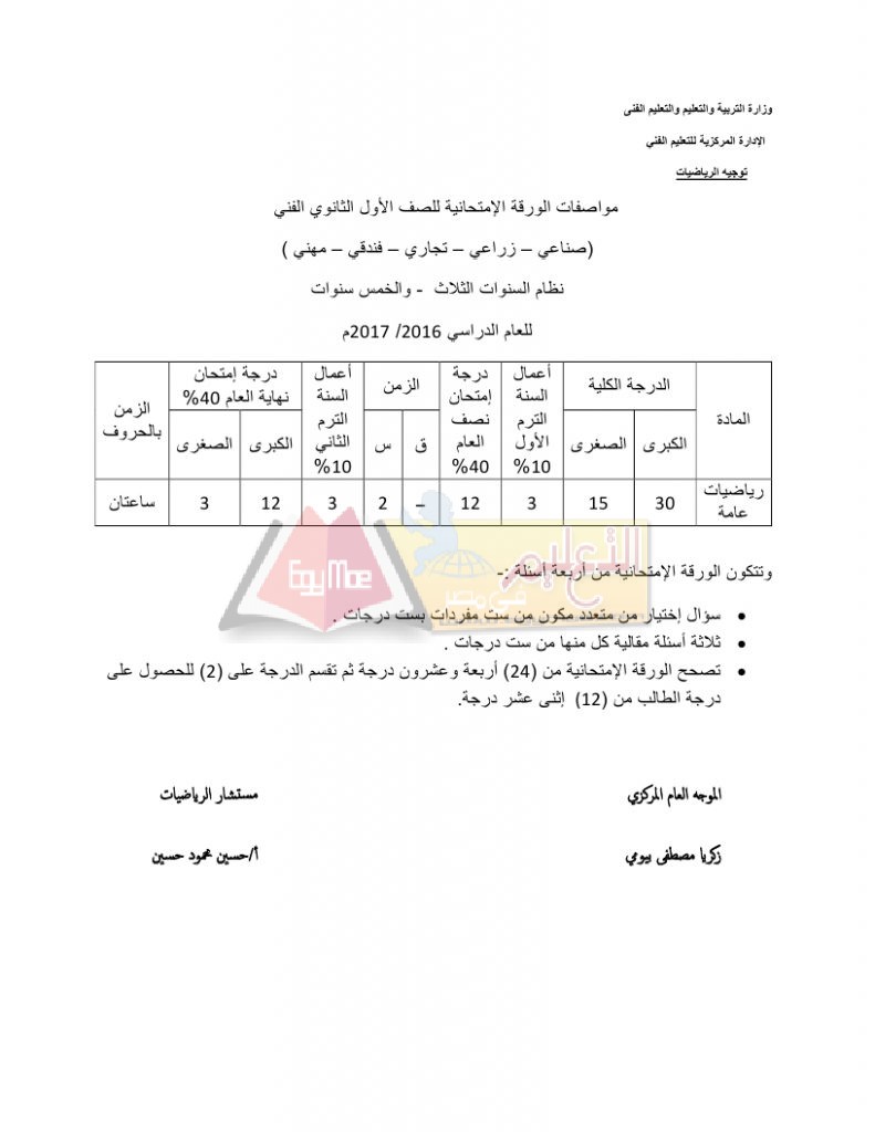 مواصفات الورقة الإمتحانية رياضيات فني_page_1