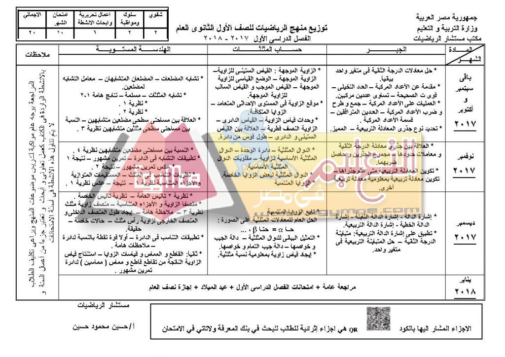 1 ث Page1 1024x724 ننشر توزيع مناهج الرياضيات لطلاب المرحلة الثانوية عربي ولغات 2017 / 2018