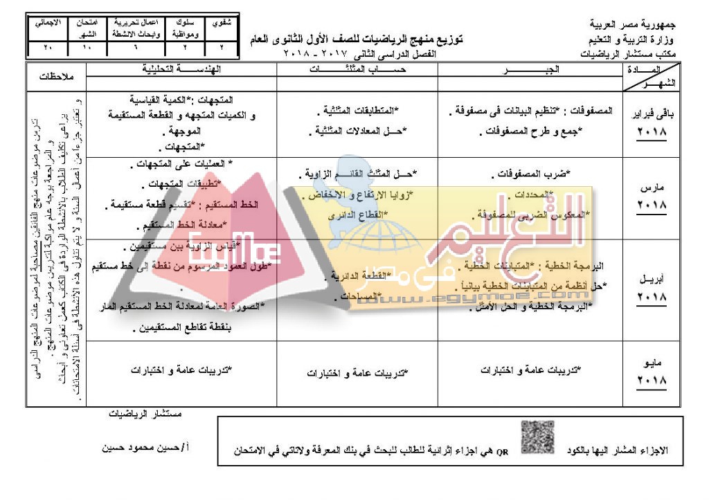 1 ث Page2 1024x724 ننشر توزيع مناهج الرياضيات لطلاب المرحلة الثانوية عربي ولغات 2017 / 2018