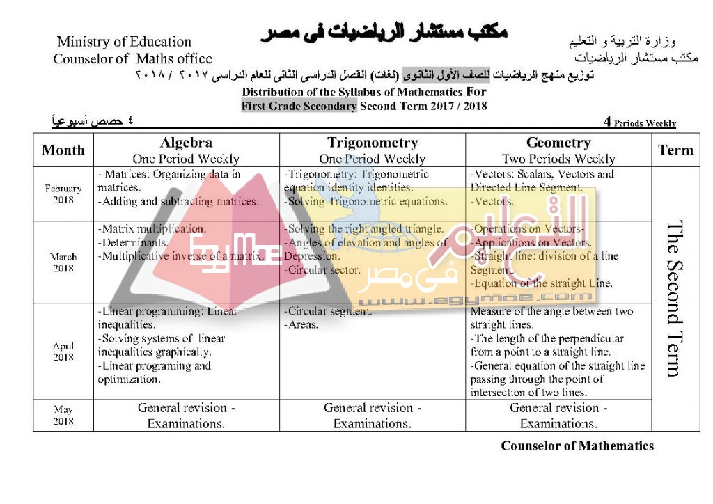 4 Page2 1024x724 ننشر توزيع مناهج الرياضيات لطلاب المرحلة الثانوية عربي ولغات 2017 / 2018