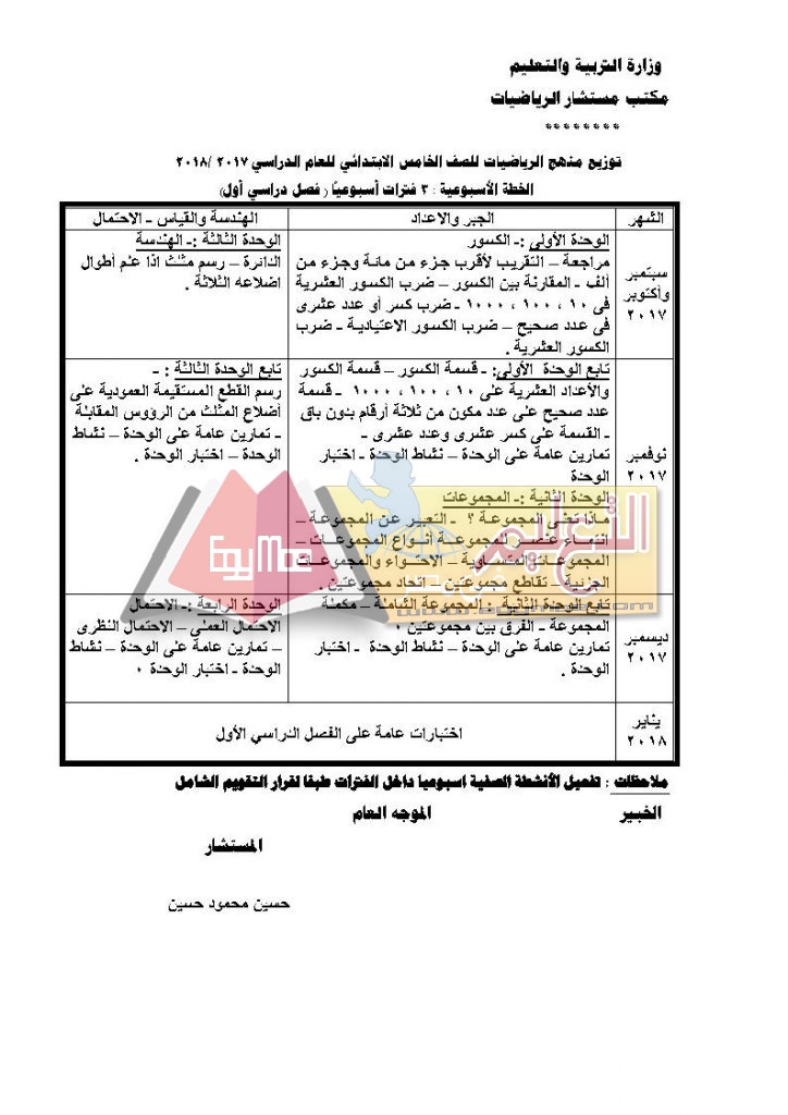 ح ب Page6 724x1024 ننشر توزيع مناهج الرياضيات للمرحلة الابتدائية 2017 / 2018