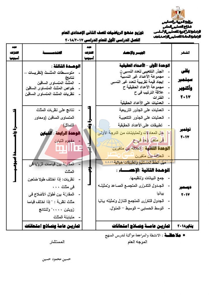 ح ع Page4 724x1024 ننشر توزيع مناهج الرياضيات للمرحلة الإعدادية 2017 / 2018