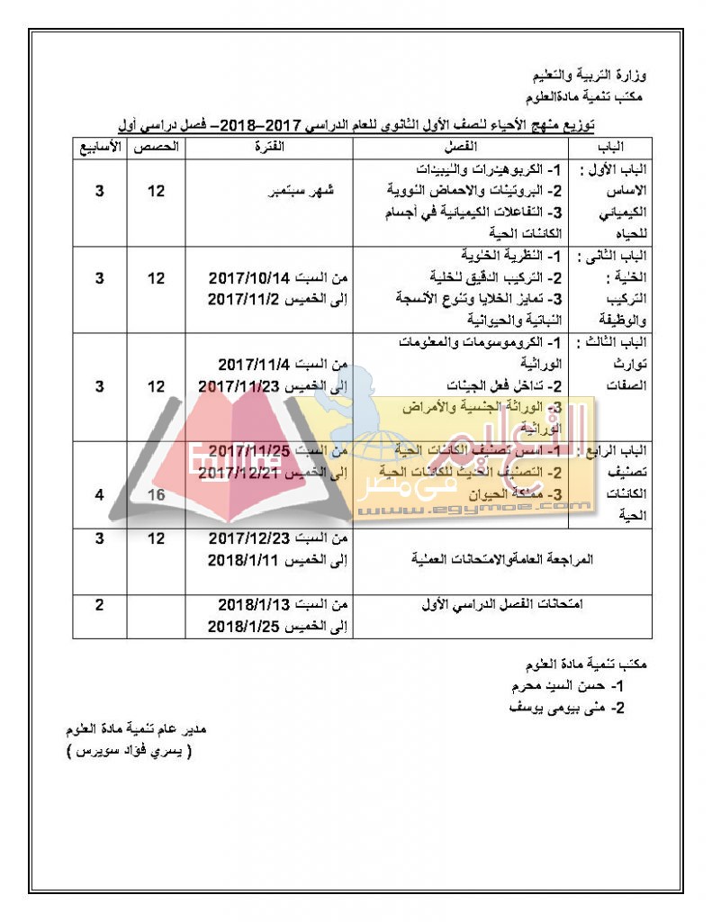 ح Page1 791x1024 ننشر توزيع مناهج الأحياء للمرحلة الثانوية العامة 2017 / 2018