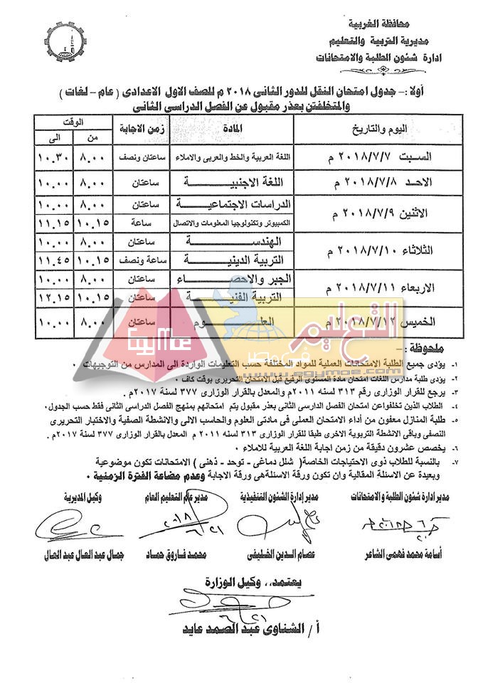 نشر جداول امتحانات الدور الثاني 2018 بالغربية 5 17 نشر جداول امتحانات الدور الثاني 2018 بالغربية