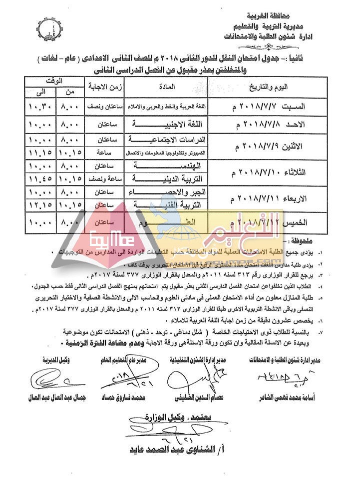 نشر جداول امتحانات الدور الثاني 2018 بالغربية 6 17 نشر جداول امتحانات الدور الثاني 2018 بالغربية