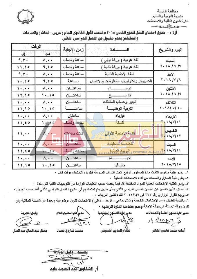 نشر جداول امتحانات الدور الثاني 2018 بالغربية 8 7 نشر جداول امتحانات الدور الثاني 2018 بالغربية
