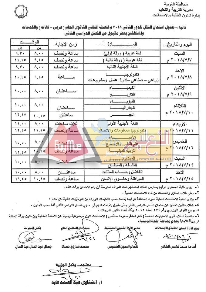 نشر جداول امتحانات الدور الثاني 2018 بالغربية 9 5 نشر جداول امتحانات الدور الثاني 2018 بالغربية