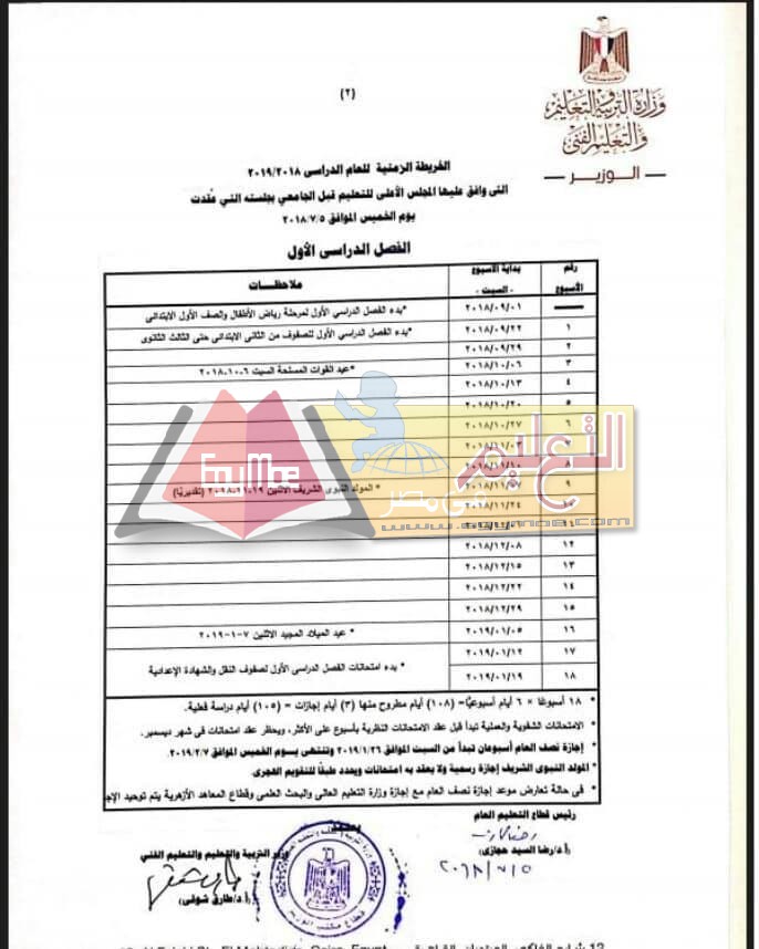 بالصور ننشر الخريطة الزمنية للعام الدراسي الجديد 2018 2019