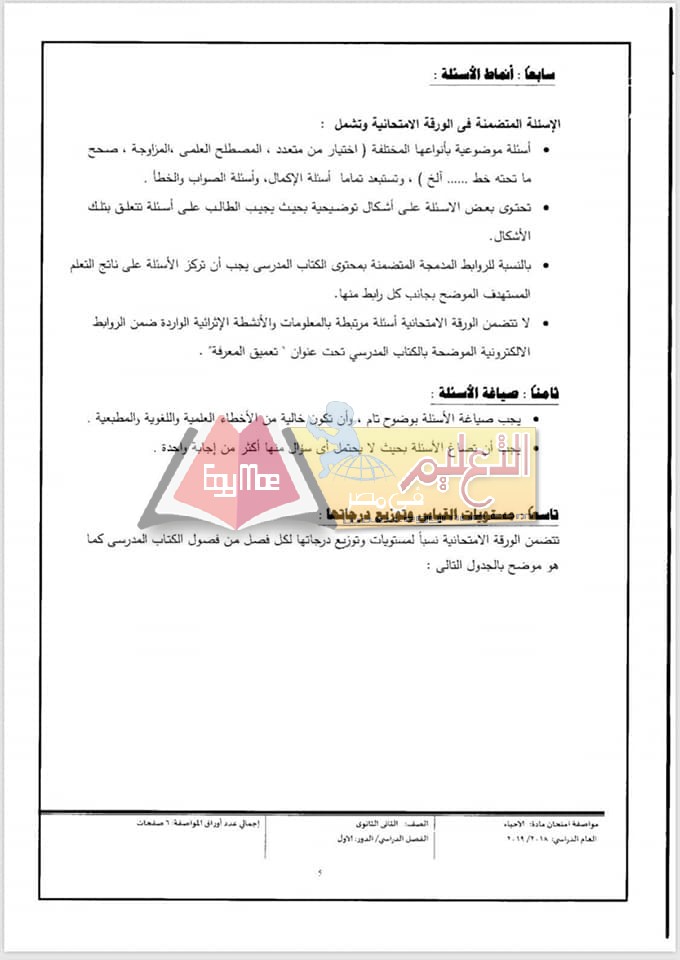 ننشر مواصفات الورقة الامتحانية للأحياء للصف الثاني الثانوي 2018 / 2019 15 2 ننشر مواصفات الورقة الامتحانية للأحياء للصف الثاني الثانوي 2018 / 2019