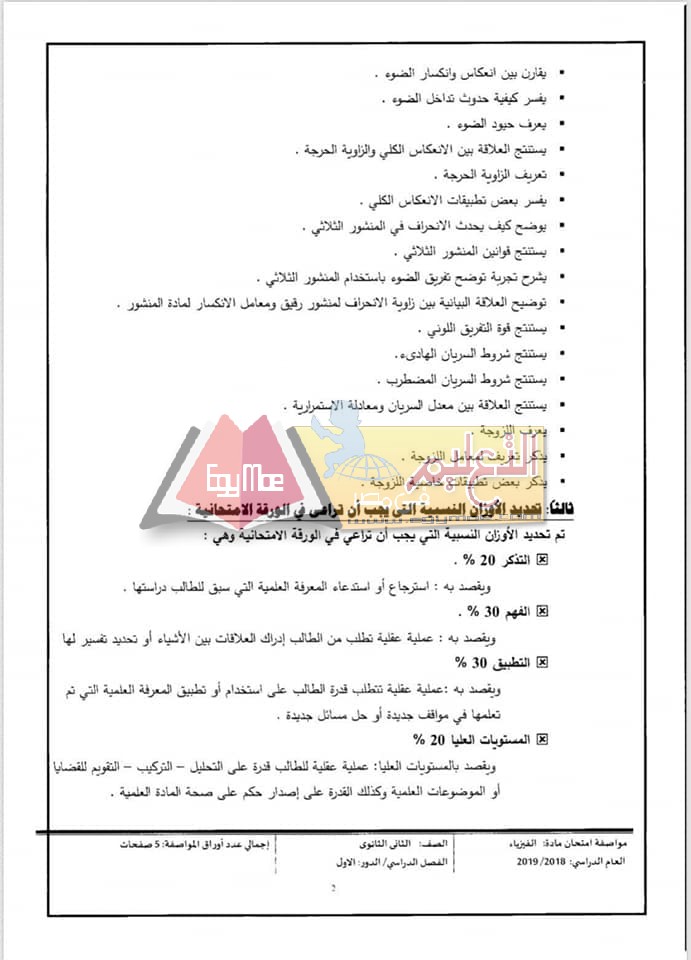 ننشر مواصفات الورقة الامتحانية للفيزياء للصف الثاني الثانوي 2018 / 2019 2 5 ننشر مواصفات الورقة الامتحانية للفيزياء للصف الثاني الثانوي 2018 / 2019