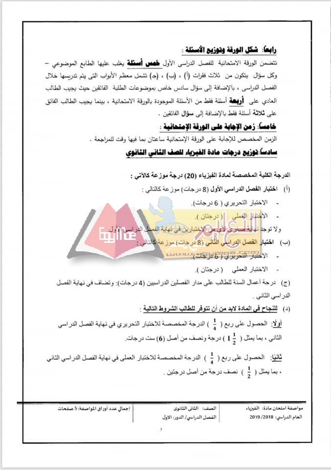 ننشر مواصفات الورقة الامتحانية للفيزياء للصف الثاني الثانوي 2018 / 2019 3 5 ننشر مواصفات الورقة الامتحانية للفيزياء للصف الثاني الثانوي 2018 / 2019