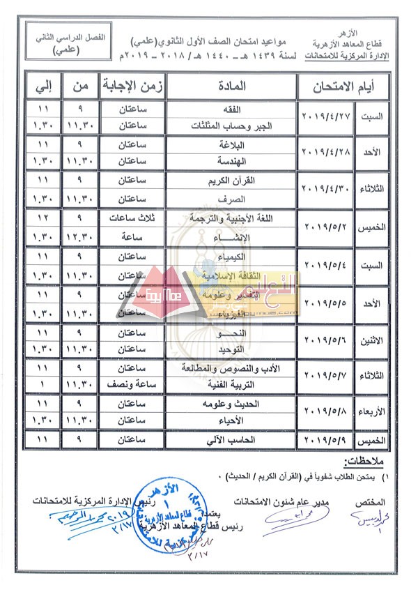 ننشر جدول امتحانات صفوف النقل بالمعاهد الأزهرية الثانوية الترم التاني 2019 الأول الثانوي علمي الفصل الدراسي الثاني 2018 2019 ننشر جدول امتحانات صفوف النقل بالمعاهد الأزهرية الثانوية الترم التاني 2019