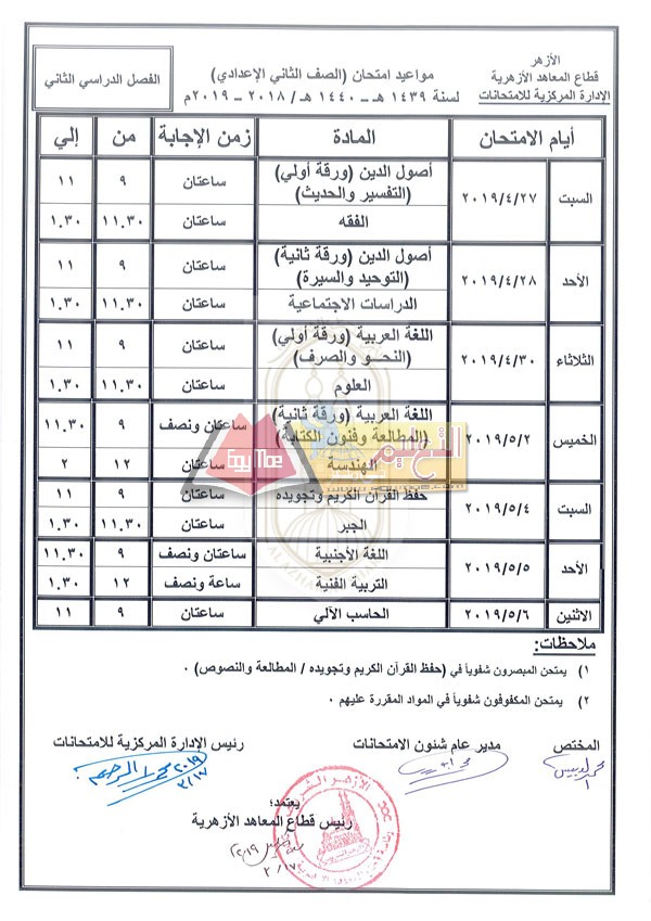 ننشر جدول امتحانات صفوف النقل بالمعاهد الأزهرية الإعدادية الترم التاني 2019 الثاني الإعدادي الفصل الدراسي الثاني 2018 2019 ننشر جدول امتحانات صفوف النقل بالمعاهد الأزهرية الإعدادية الترم التاني 2019