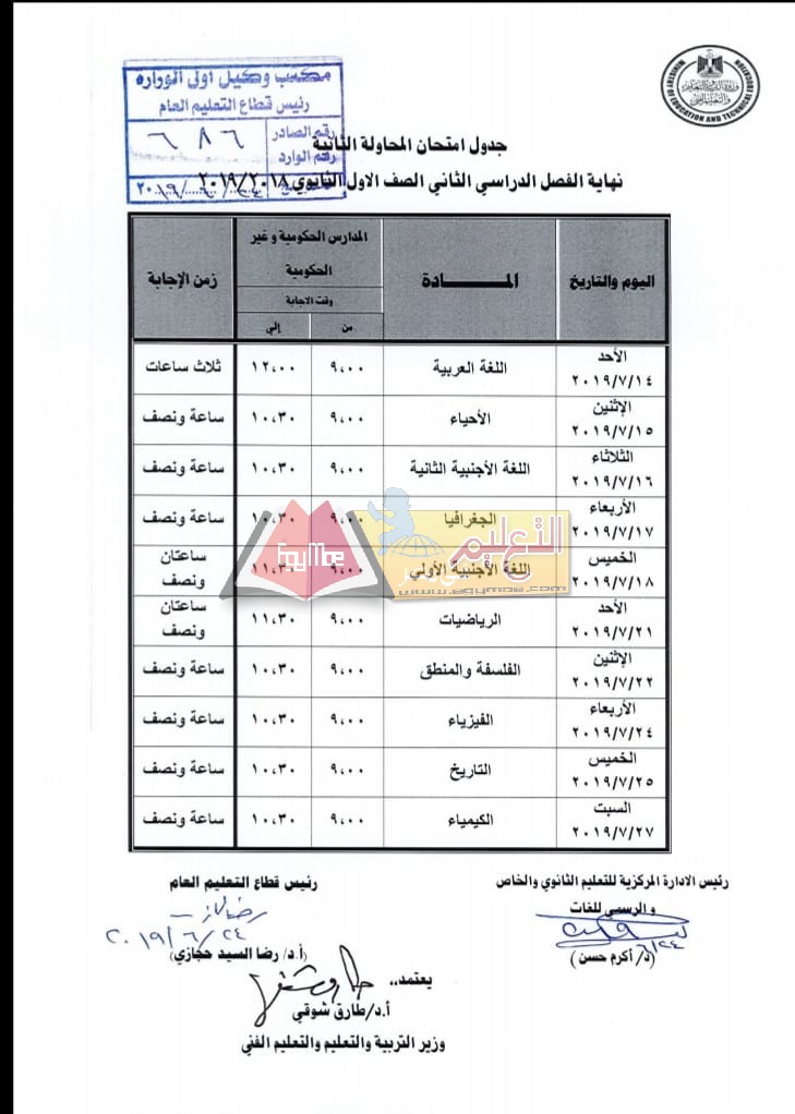 جدول أولى ثانوي الدور الثاني