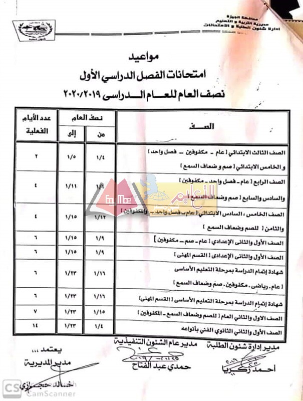 ننشر مواعيد امتحانات الفصل الدراسي الأول 2019 2020 بمحافظة الجيزة