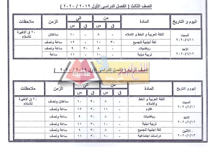 ننشر جدول امتحانات الفصل الدراسي الأول للعام الدراسي 2020 2019