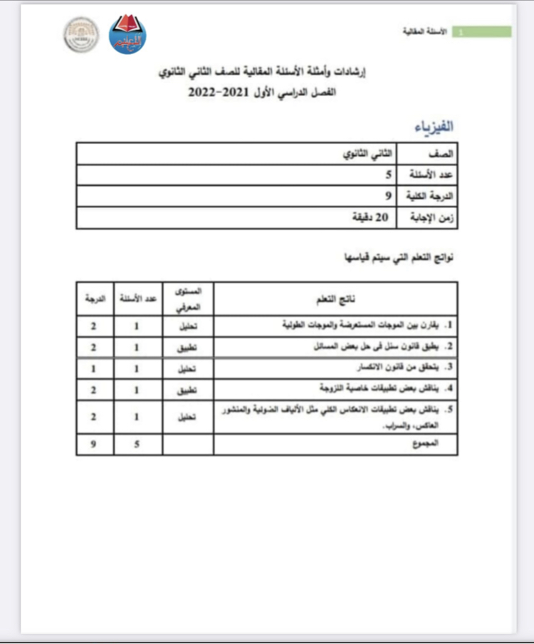نموذج الفيزياء المقالي الصف الثاني الثانوي